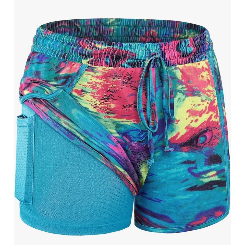 BlevonH Womens 2-in-1 Running Shorts Peacock Print Teal Mesh Liner Large NWT
